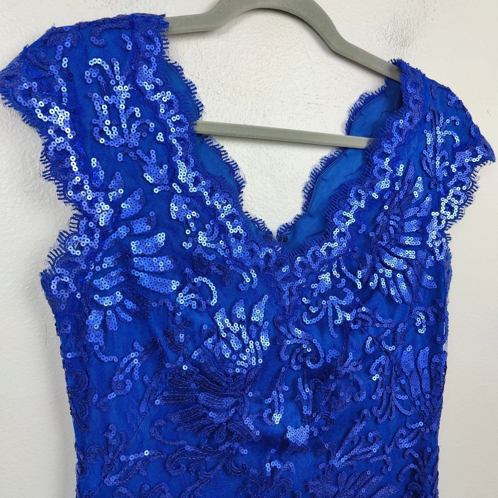 Tadashi Shoji Dress Womens 4 Royal Blue Sequin Lace V-Neck‎ Cap Sleeve Glam - Picture 3 of 9